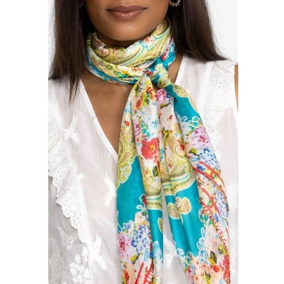 Johnny Was Rivoray Scarf Kaleidoscopic Sky Blue Flower Square Silk Tassel New - Picture 3 of 3